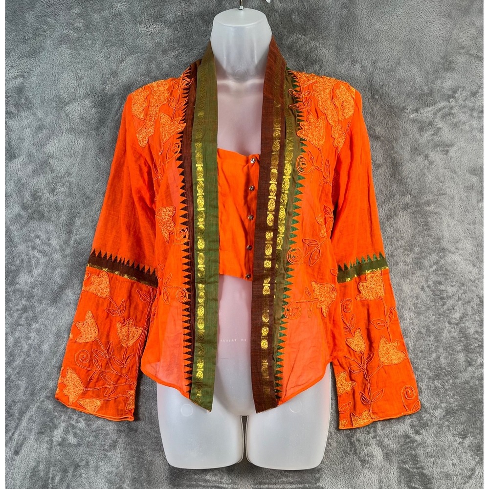 Paul Ropp Embellished Jacket  Medium Orange Organza Cotton Boho Ethnic Chic